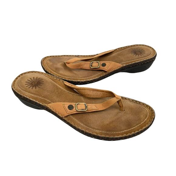 UGG Kamiko Tan Leather Buckle Detail Wedge Heel Cushioned Flip Flop Sandals - Picture 1 of 12